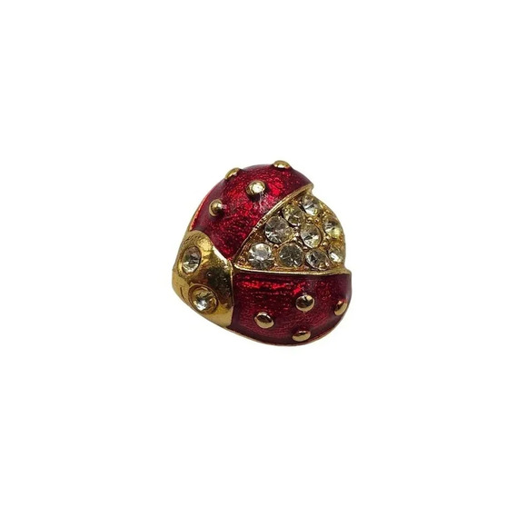 Vintage Enamel Ladybug Brooch Pin With Rhinestones Gold Tone Finish 1 in - Picture 1 of 4